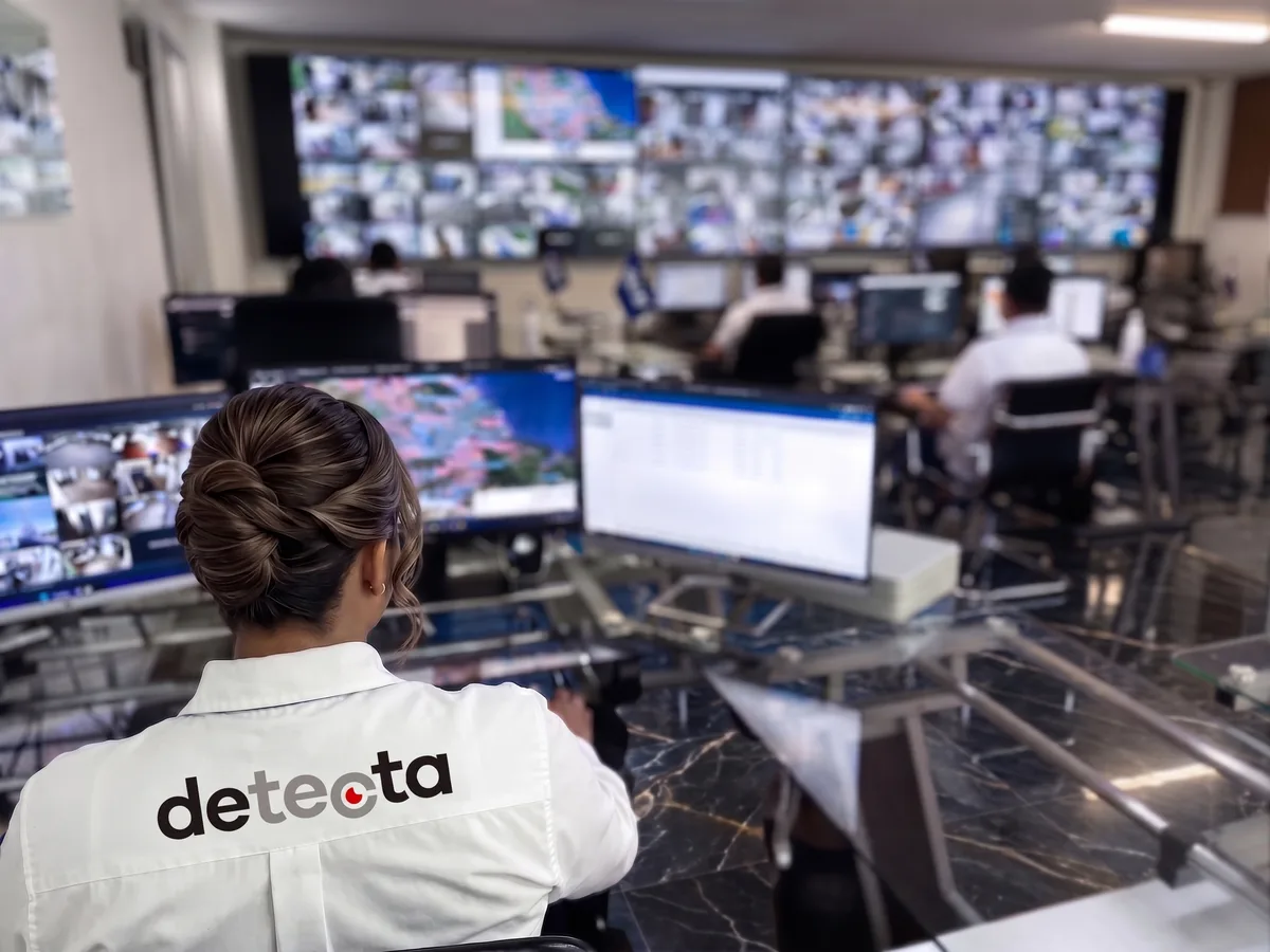 Operadora de Detecta Security monitoreando cámaras y rutas en tiempo real desde el centro de monitoreo